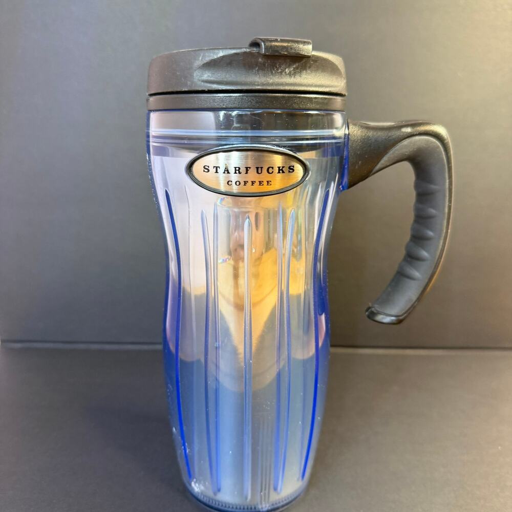 Vintage 2002 Starbucks Barista Blue Travel Mug Tumbler Handle Lid 16 Oz